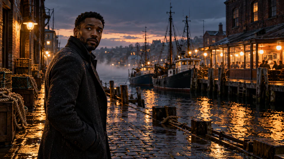 A man in a dark coat standing on a rain-soaked harbor quay lit by lamps at dusk