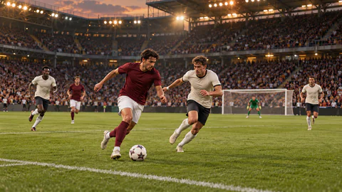 Soccer players in burgundy and ivory uniforms challenging for the ball in a stadium under the lights