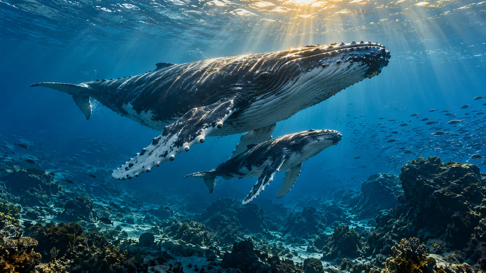 A humpback whale and her calf swimming through sunlit blue water above a reef