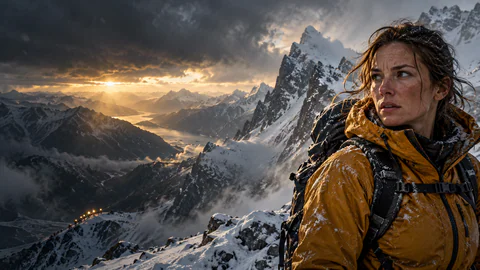 A mountaineer in a yellow jacket looking out over snow-covered peaks at sunset