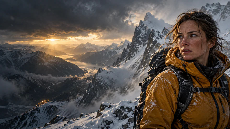 A mountaineer in a yellow jacket looking out over snow-covered peaks at sunset