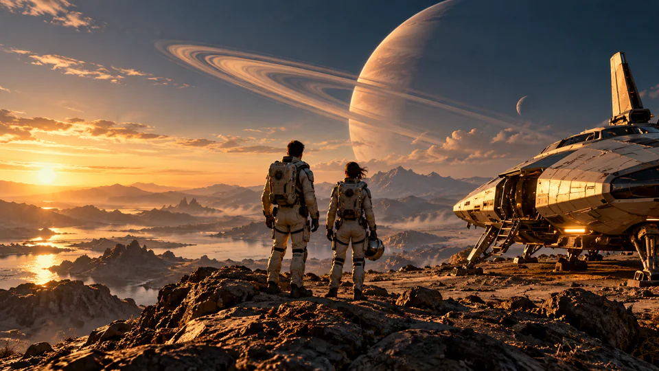 Two explorers in spacesuits beside a landing craft beneath a ringed planet