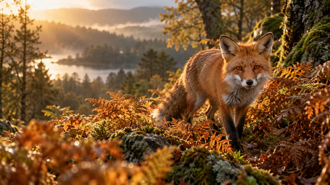 A red fox standing among golden autumn ferns at the edge of a misty wood