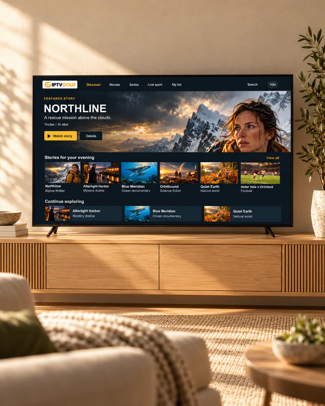 Television showing the IPTV GOLD movie and series library above a pale oak console
