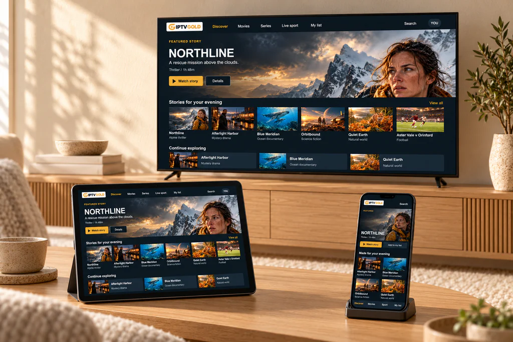 A television, tablet and smartphone all showing the same IPTV GOLD library in a warm living room