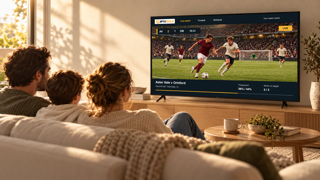 A family on the couch watching a live soccer game on the living-room TV