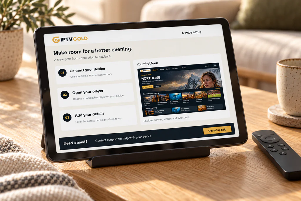 A tablet showing three numbered setup steps next to a TV remote on a wooden table