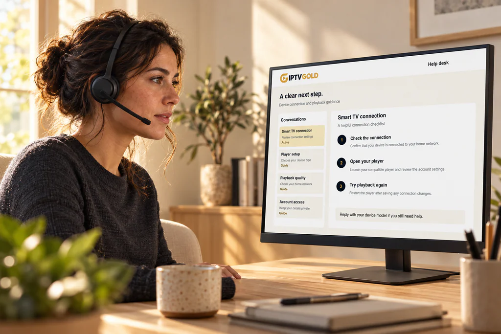 A support adviser with a headset working through a Smart TV connection checklist on screen