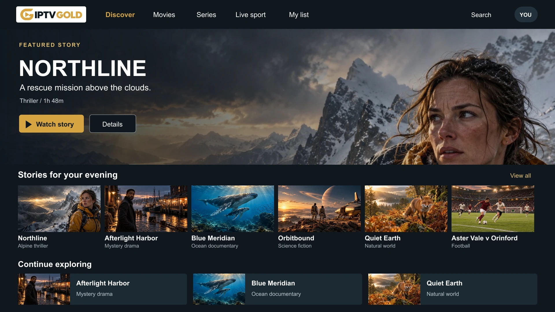 IPTV GOLD library screen with a featured thriller and rows of movies, documentaries and soccer
