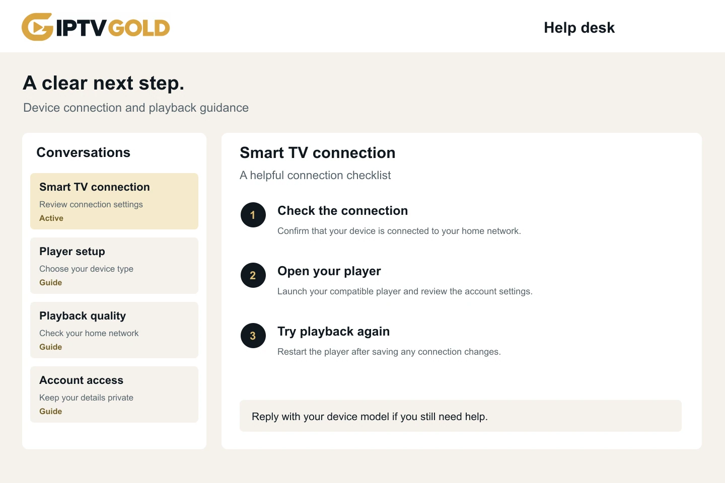 Help desk screen with a Smart TV connection checklist and support topics
